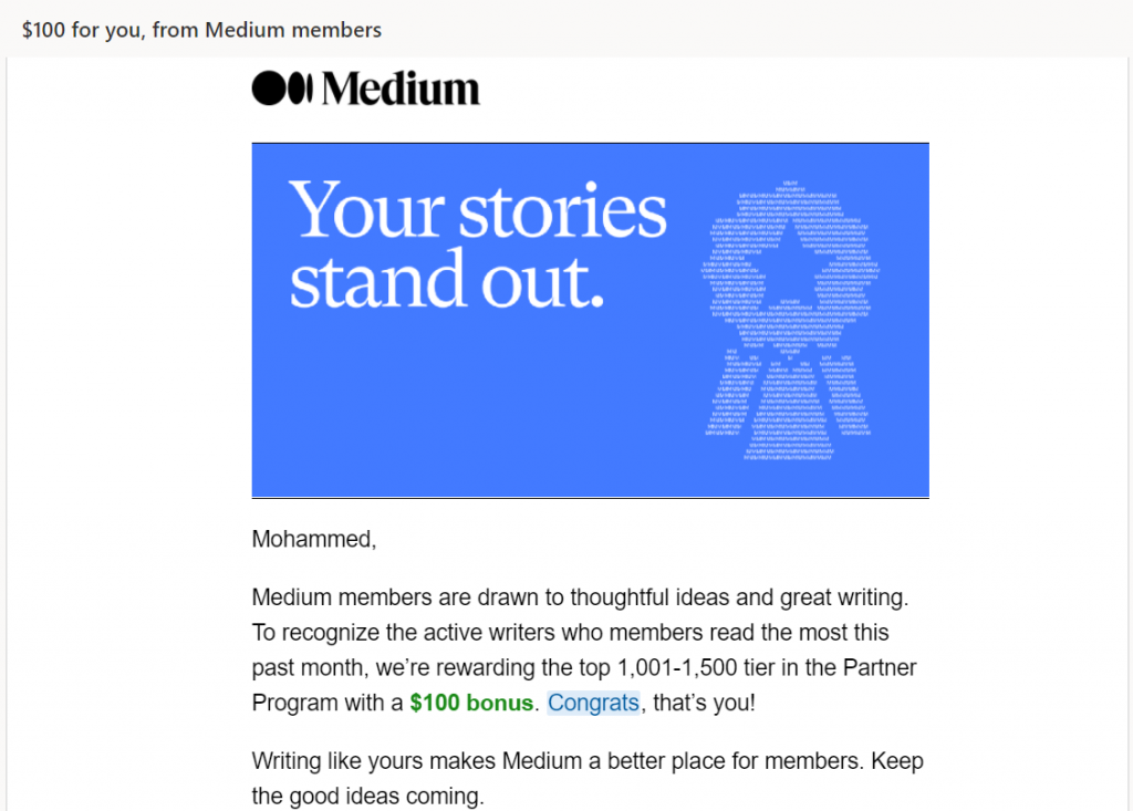 Medium bonus email for a top freelance writer